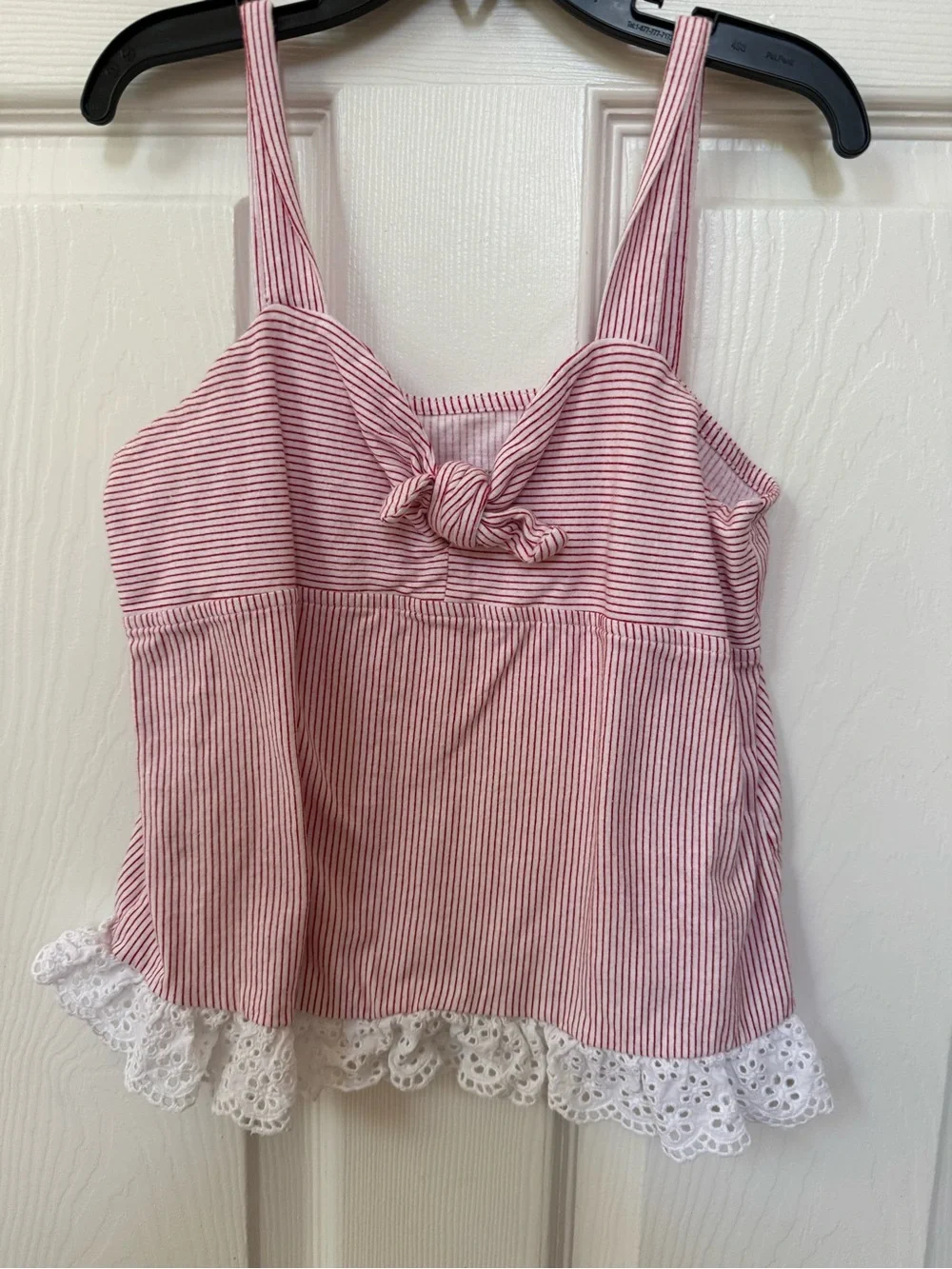 Girls Red Striped Tie-Front Tank with Lace Hem